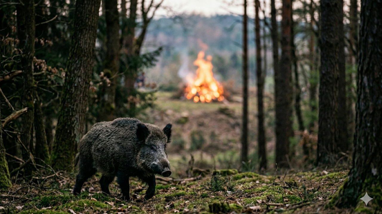 Symbolfoto (KI-generiert): So manches Osterfeuer könnte der ASP im Kreis Olpe zum Opfer fallen. Erste Veranstalter zogen bereits die Reißleine. von Google Gemini/Foto mit KI erstellt