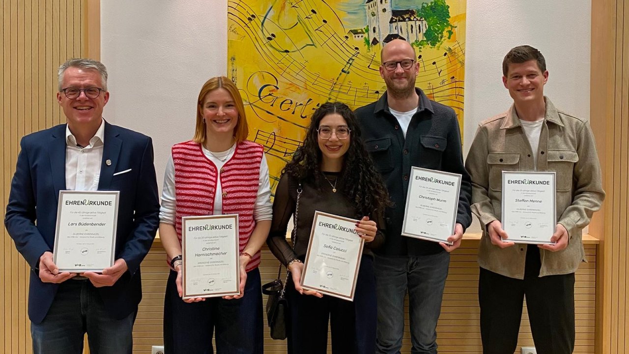 Die Jubilare des Musikvereins Gerlingen (v.l.): Lars Büdenbender, Christine Harnischmacher, Sofia Colucci, Christoph Wurm und Steffen Menne. von privat
