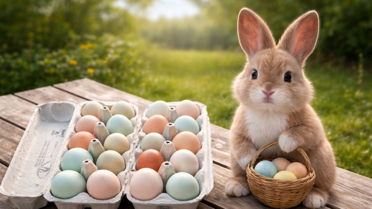 Der Osterhase bringt – das weiß jeder – bunte Eier. In Maumke sind die total bio, denn die Hühnerdamen von Hahn Herbert legen ihre Eier in schokobraun, zartgrün und hellblau. von privat / KI generiert mit Chat GPT