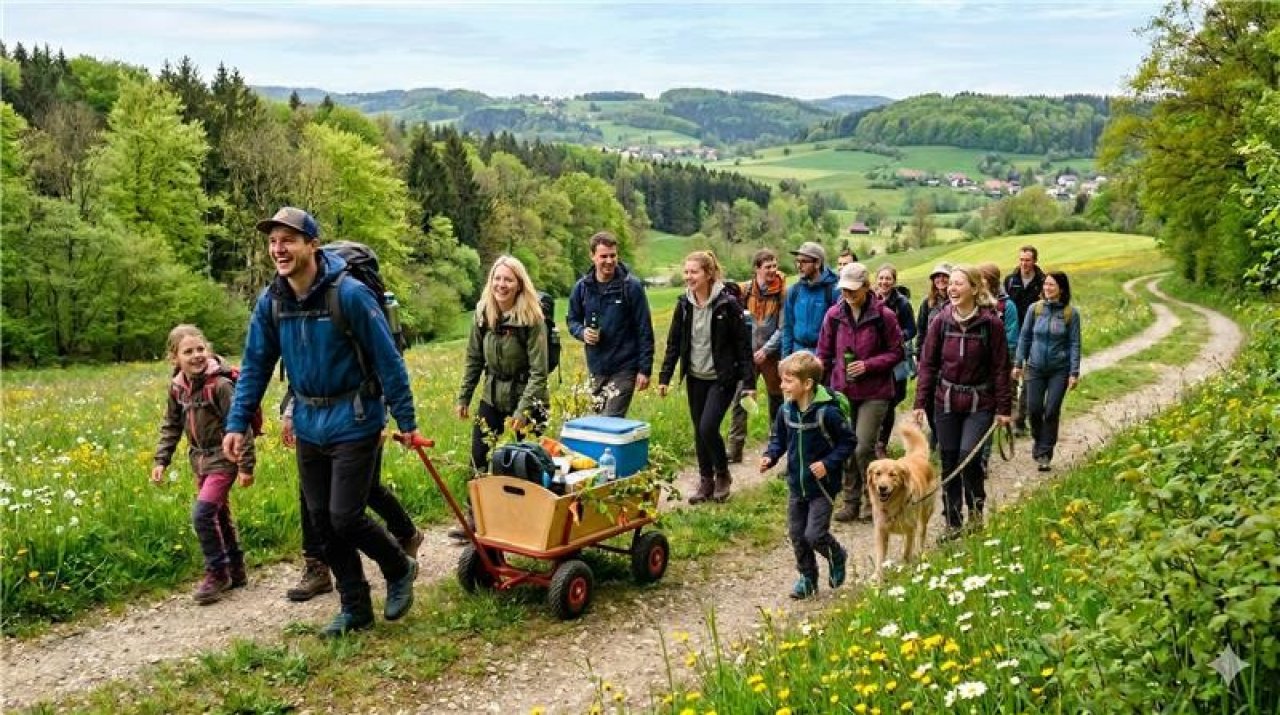 Am 1. Mai machen sich viele Menschen, groß und klein, auf zu einer Maiwanderung. Wandertreffs laden zum Verweilen und Feiern ein. von Google Gemini – mit KI erstellt