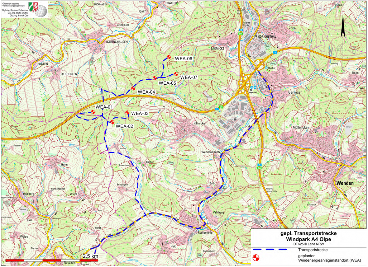 Windpark A4: Die zukünftigen Standorte der Windkraftanlagen und die geplante Transportstrecke. von Land NRW / Gelsenwasser