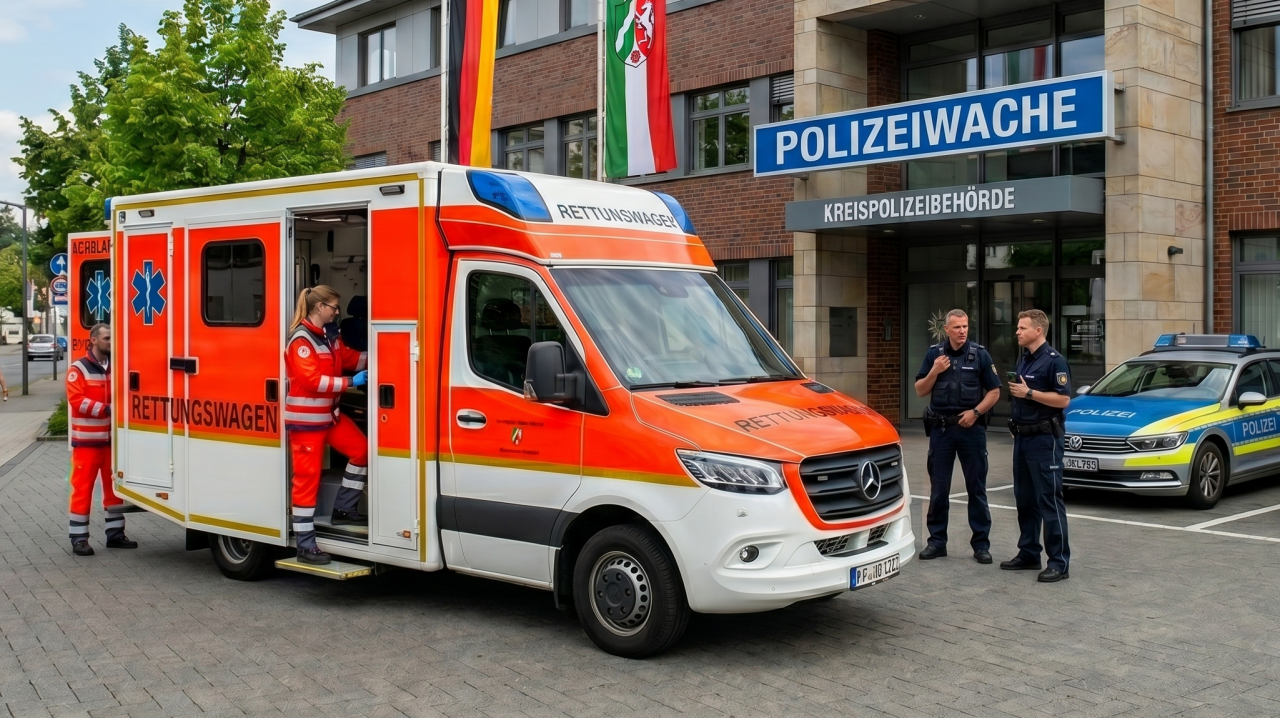 Symbolbild (KI-generiert): Rettungseinsatz vor Polizeiwache von Google Gemini - mit KI erstellt