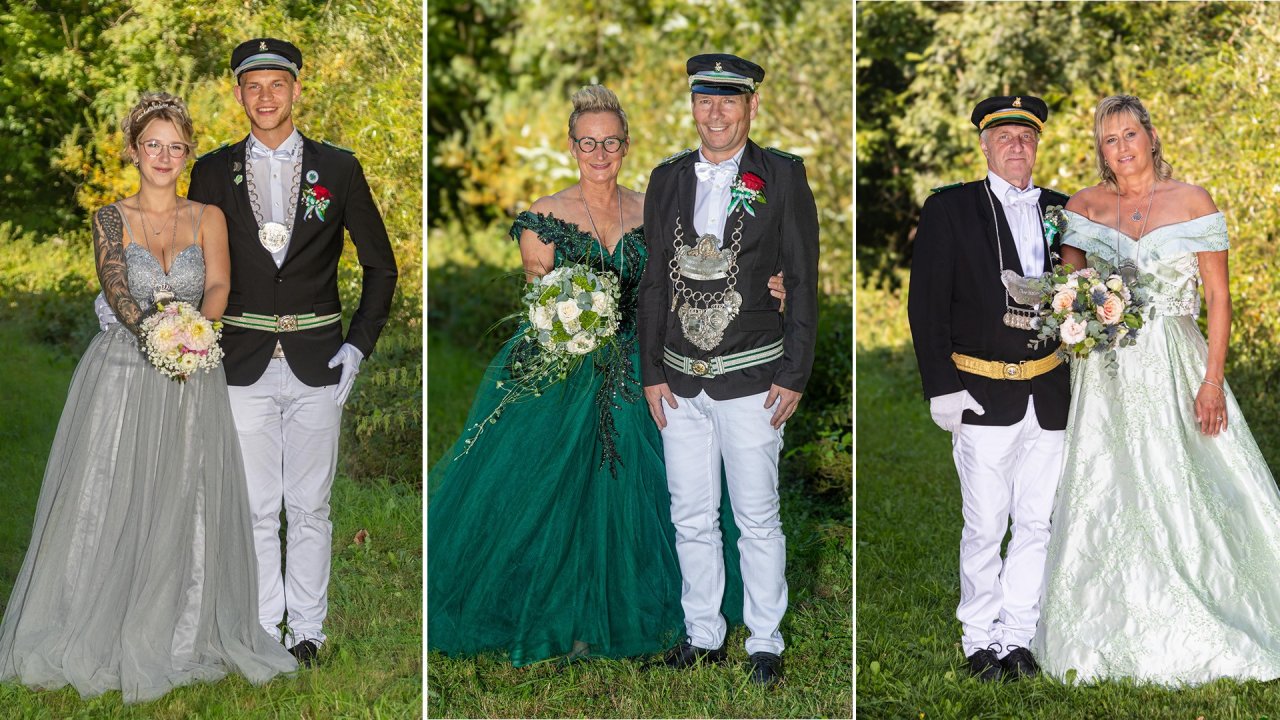 Die aktuellen Majestäten von Meggen: (v.l.) : Jungschützenkönigspaar Chris Düsing und Annalena John, Königspaar Stefan und Antonia Künchen sowie das Kaiserpaar Jürgen (Heggy) und Sabine Hasenau. von Schützenverein Meggen / Collage: Kerstin Sauer