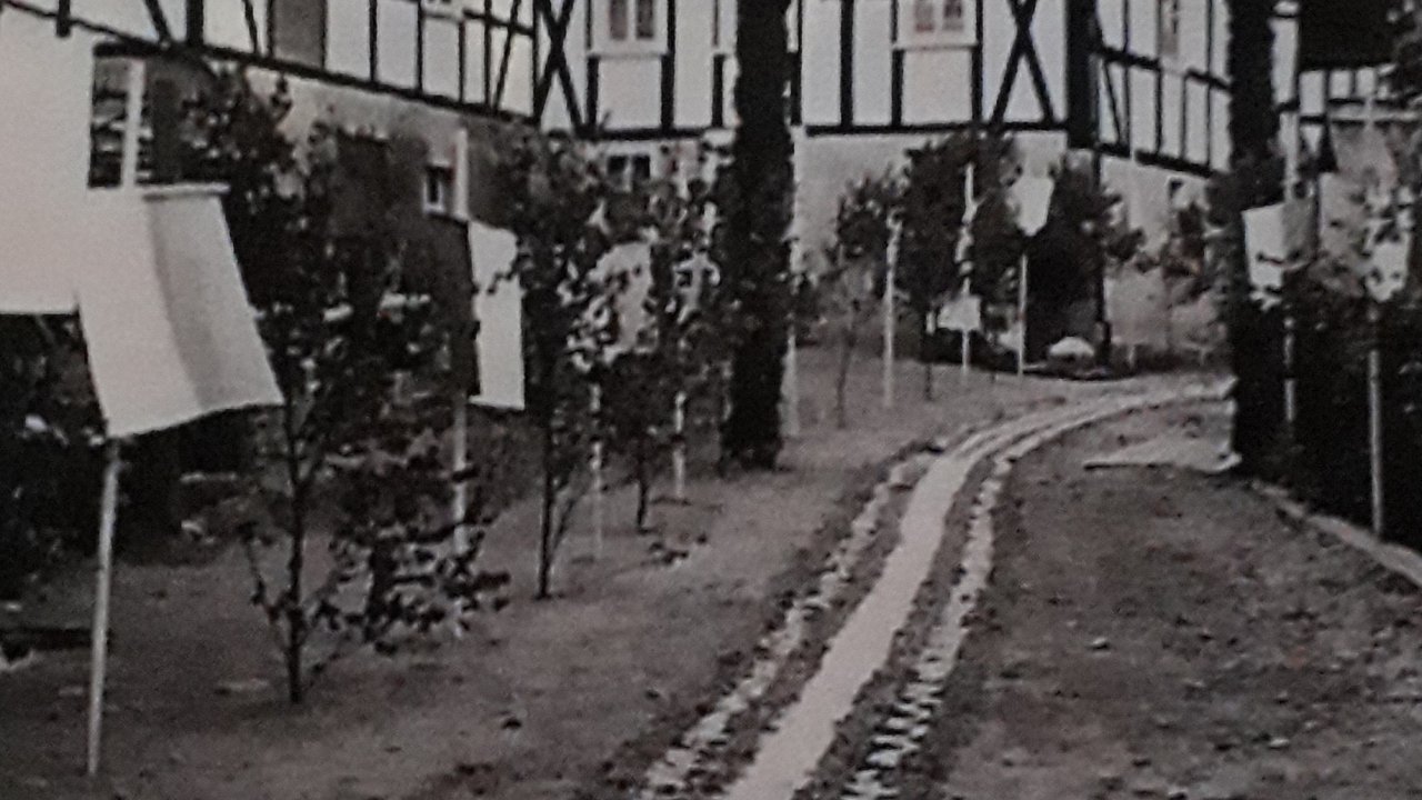 Mit Blumenteppich, Fähnchen, jungen Birken und aufwändigen Portalen wurde in den 1950er und 60 Jahren zu Fronleichnam der Prozessionsweg in Welschen Ennest geschmückt. von Werner Busch