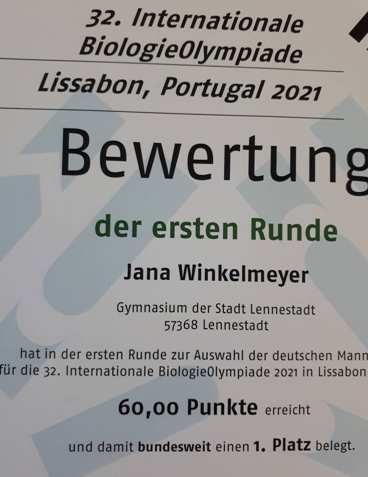 Die Urkunde von Jana Winkelmeyer. von privat