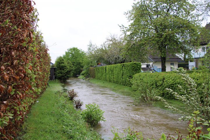 Das Hochwasser hat in Ottfingen große Schäden hinterlassen. Auch am Morgen danach tritt die Großmicke noch über die Ufer.