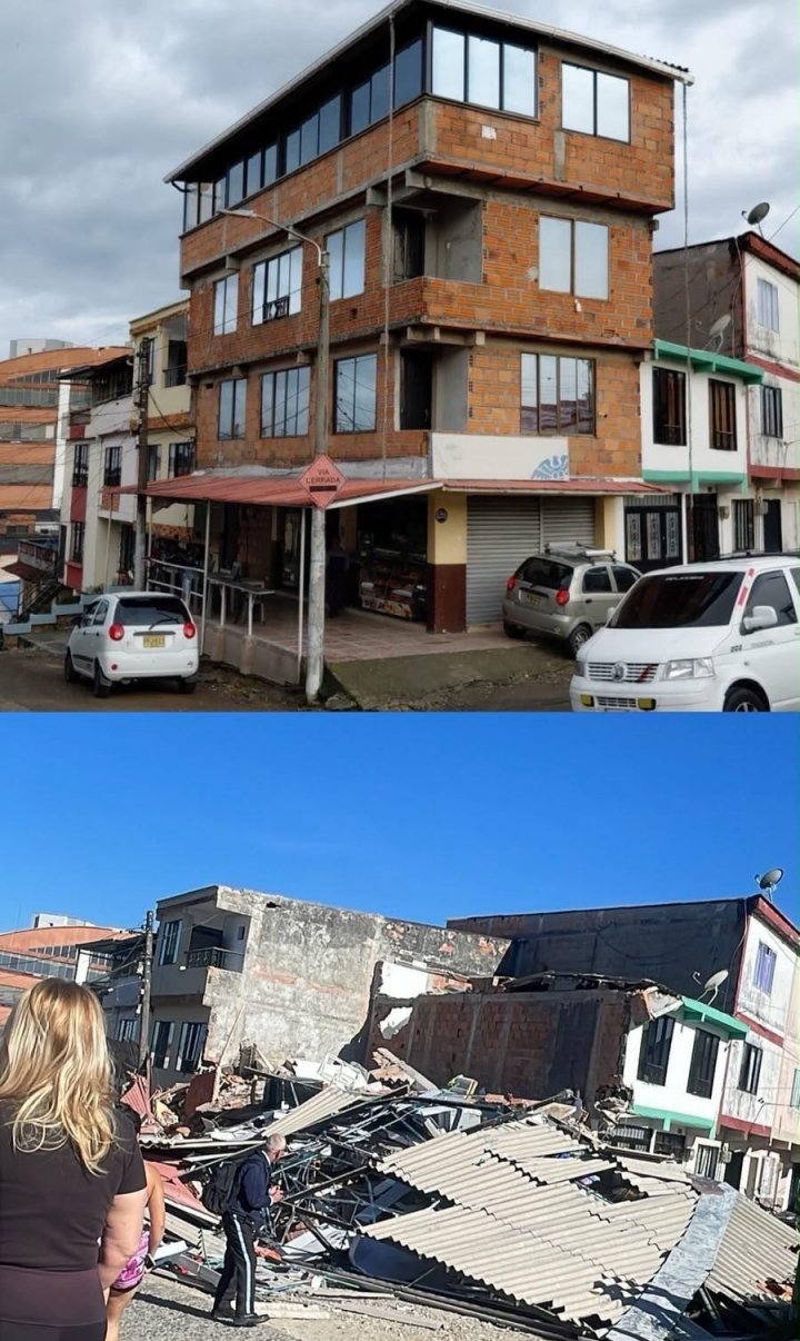Erschütternde Fotos von zerstörten Regionen in Kolumbien schickt Alexander Sieler: ein Foto des Hauses vor dem Beben (oben) - und danach (unten).