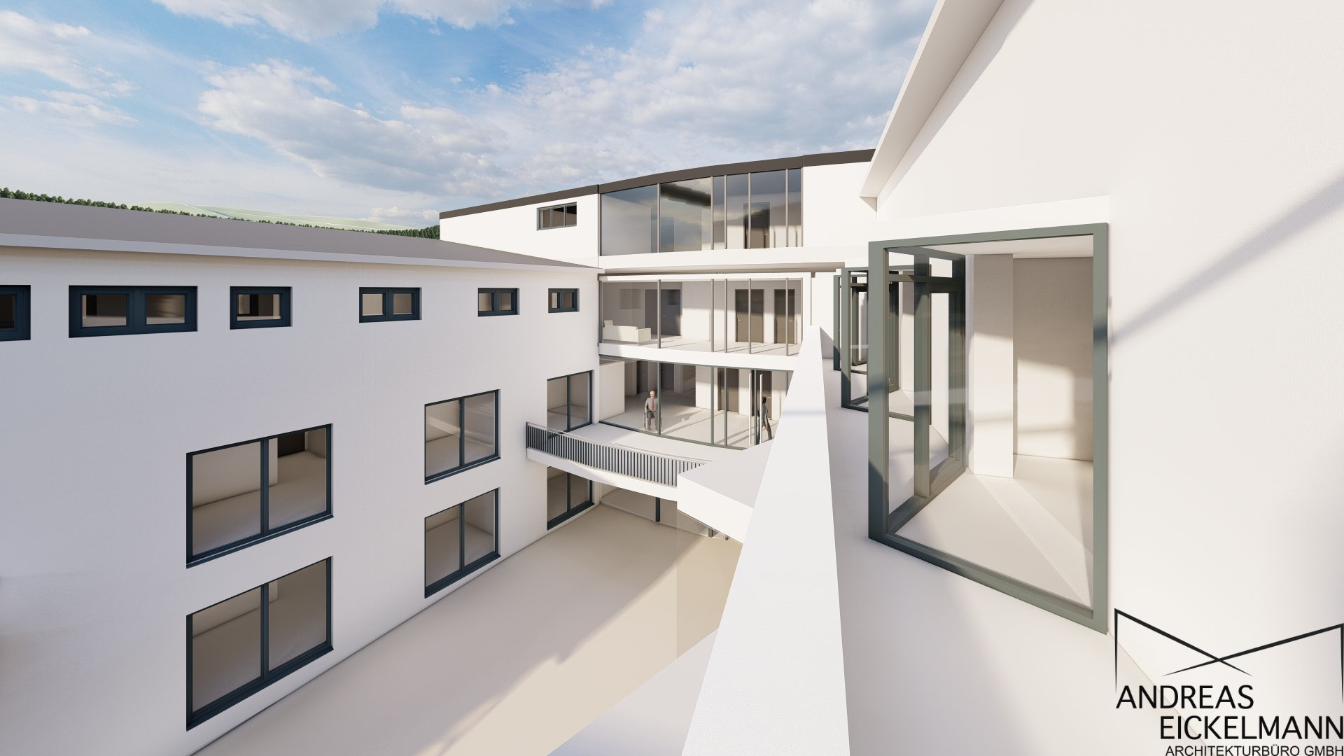 Die Pläne des Architekturbüros Eickelmann in Altenhundem zeigen eine Außenansicht auf den neuen Flügel des Elisabeth-Hospizes: die Mauern sind zurück gebaut, vor Kopf liegt der Empfangsbereich und eine Teil-Etage für die Verwaltungsräume wurde aufgestockt. von Architekturbüro Andreas Eickelmann
