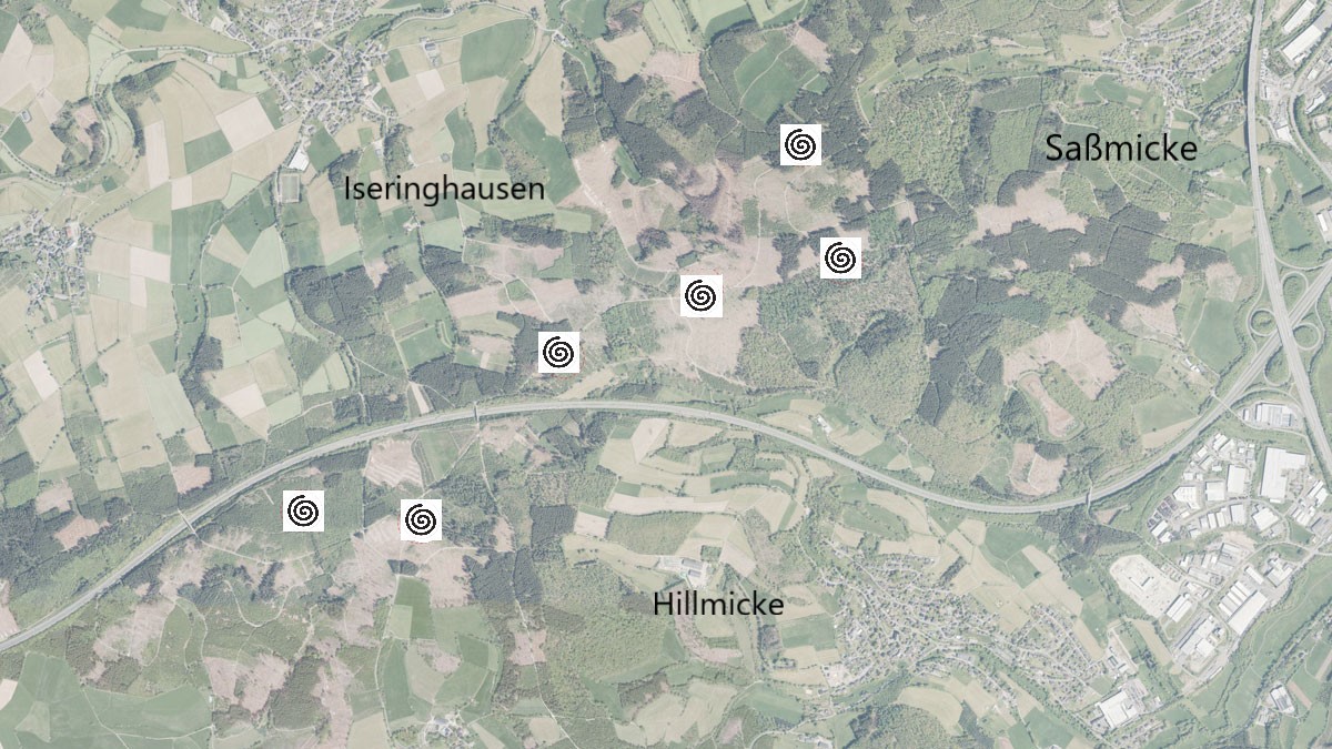 Das sind die geplanten Standorte der sechs 250 Meter hohen Windkraftanlagen. von Gelsenwasser