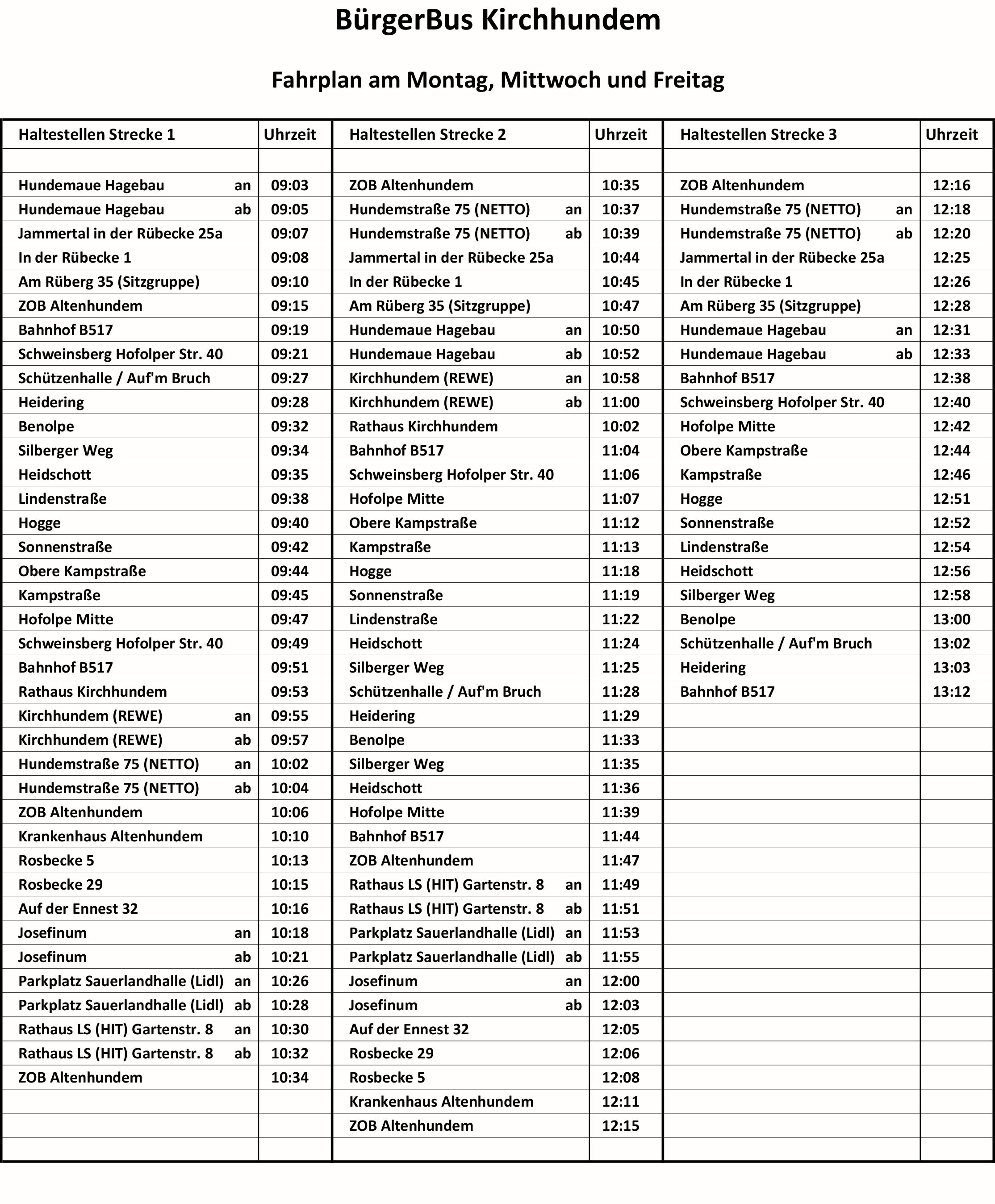 Fahrplan Bürgerbus Kirchhundem von privat