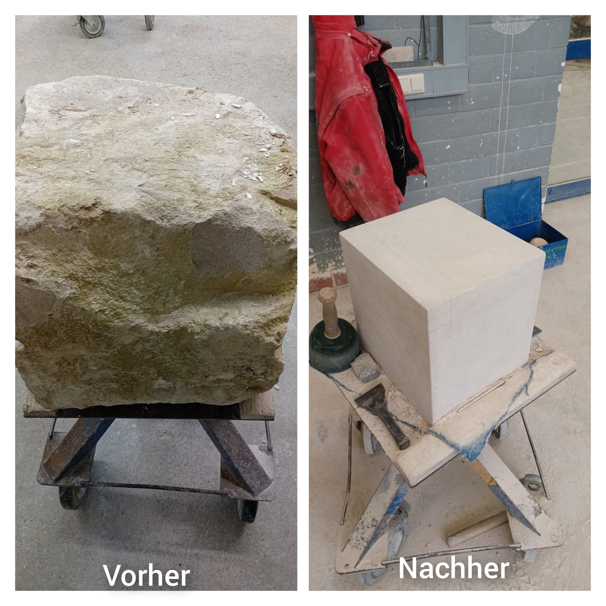 Das erste Übungsstück: Aus einem Felsen fertigte Marius Bröcher einen Würfel. von privat