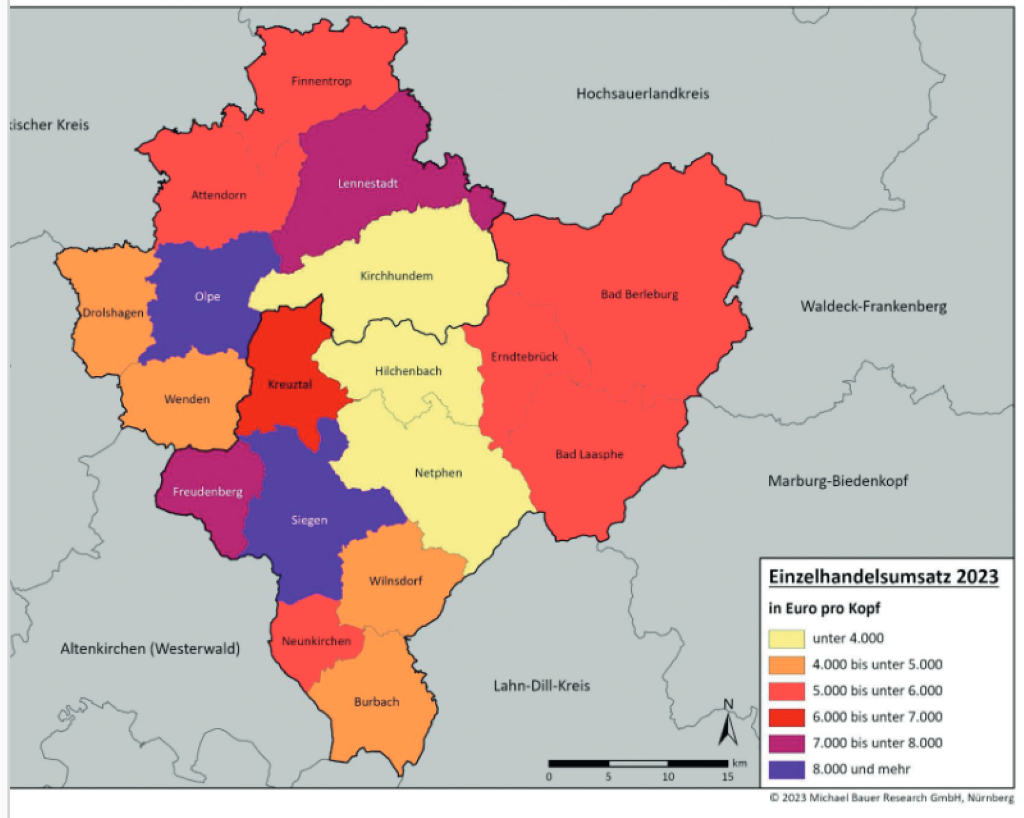 Der Einzelhandelsumsatz pro Kopf - die höchsten Werte verzeichnen Siegen und Olpe. von Michael Bauer Research