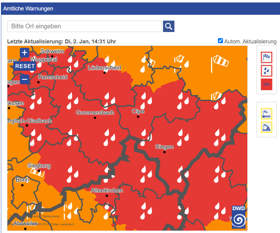 Die amtliche Warnkarte des DWD zeigt die Dauerregen-Warnung für die Region Bergisches Land/Sauerland/Westerwald/Mittelhessen. von Screenshot wettergefahren.de