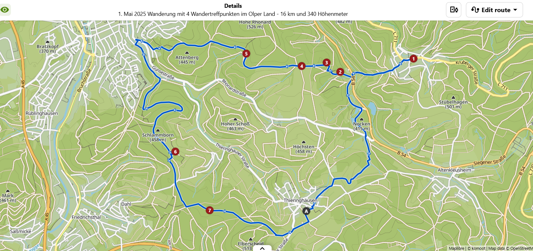 Die Wanderroute im Überblick. von komoot/OpenStreetMap