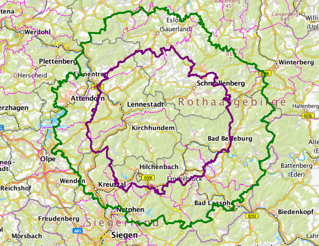 Der Kartenausschnitt zeigt die Sperrzonen II (violett) und die grün umrandete Pufferzone (Sperrzone 1). von visualgeoserver.fli.de