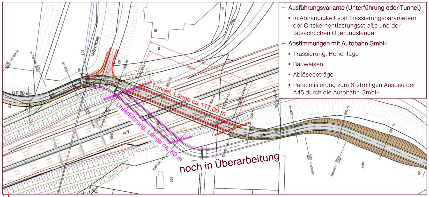 Für die Querung der A 45 kommen ein Tunnel oder eine Unterführung infrage. von Ingenieurbüro Gewatec / Präsentation Höcker Project Managers