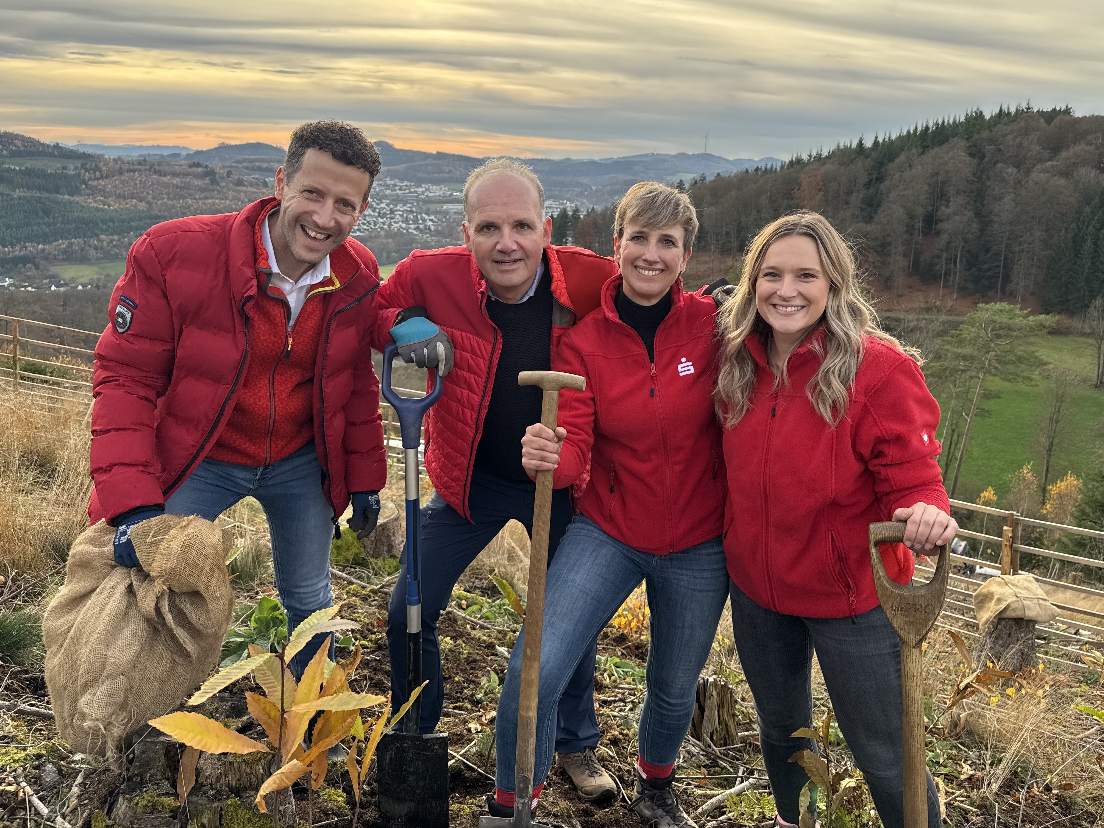 Gute Laune bei der Pflanzaktion – Lukas Völker (Leiter BeratungsCenter Meschede), Sparkassenvorstand Jürgen Schwanitz, Marketingleiterin Simone Rohde und Nachhaltigkeitsreferentin Ines Hester packen fleißig mit an. von Sparkasse Mitten im Sauerland