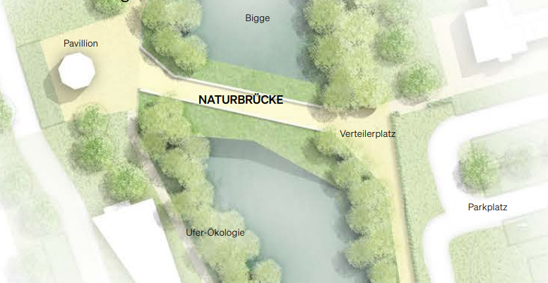 Die geplante Naturbrücke zwischen Freizeitbad (r.) und westlichem Biggeufer (mit Brauhaus, Extrablatt etc.). von Landschaftsarchitekturbüro club L94