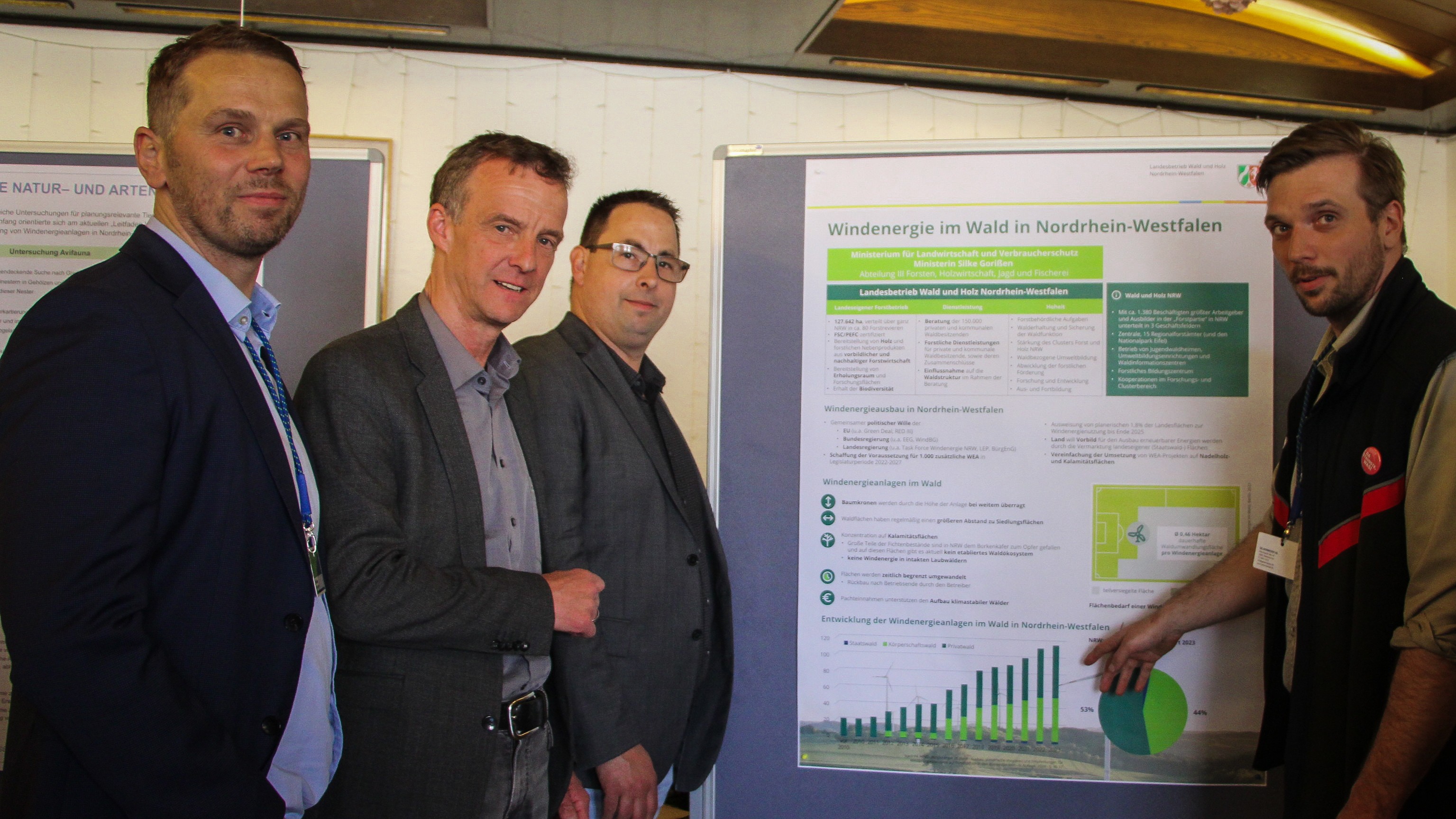 Im Gasthof Valpertz in Hillmicke fand eine Infomesse zum Windpark Olpe statt (v.l.): Nico Maas (Gelsenwasser), Bürgermeister Bernd Clemens, Christof Wurm (Gemeinde Wenden) und Forstamtsleiter Marlon Ohms. von Lorena Klein