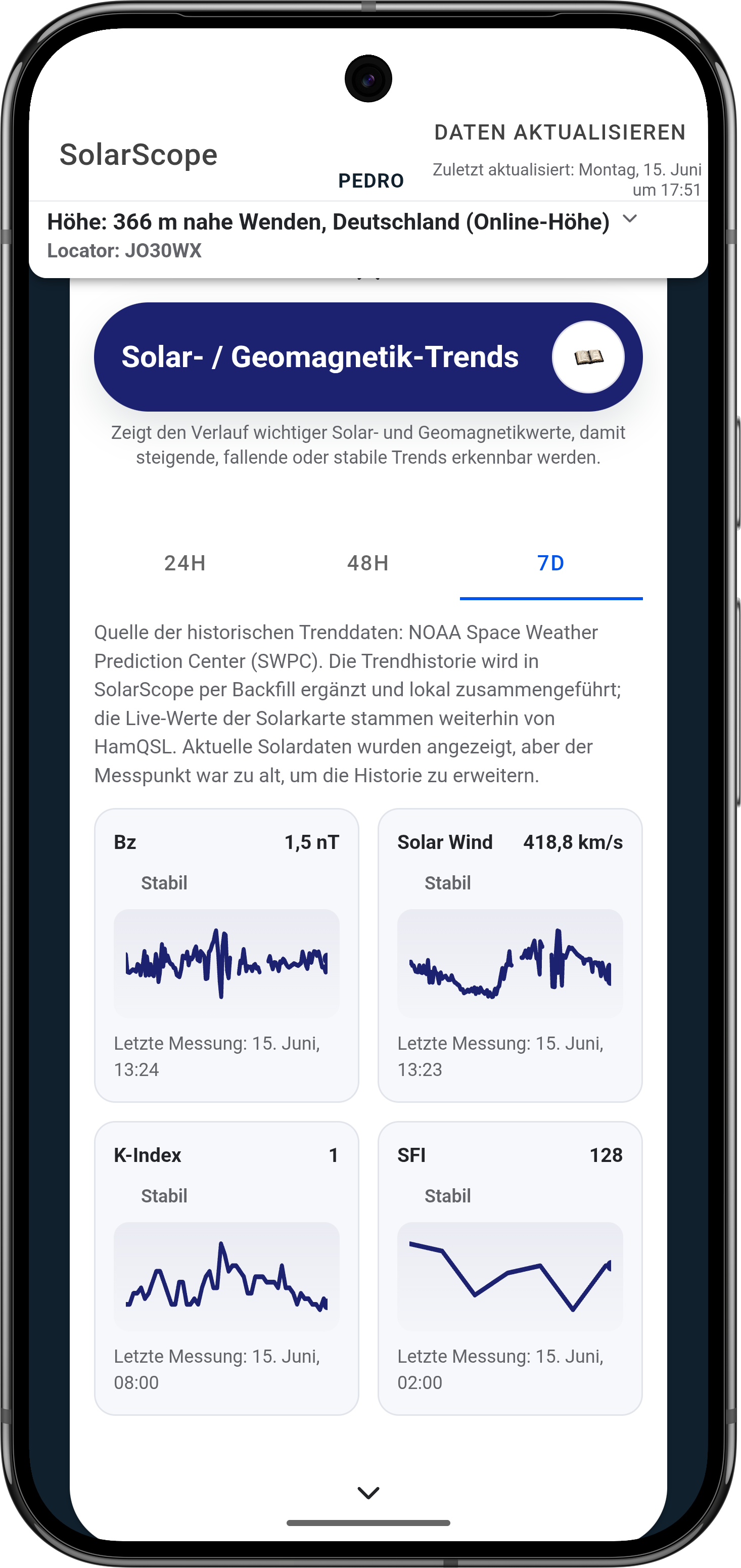 Der Screenshot zeigt einen Teil der Informationen, die die App liefert. von privat