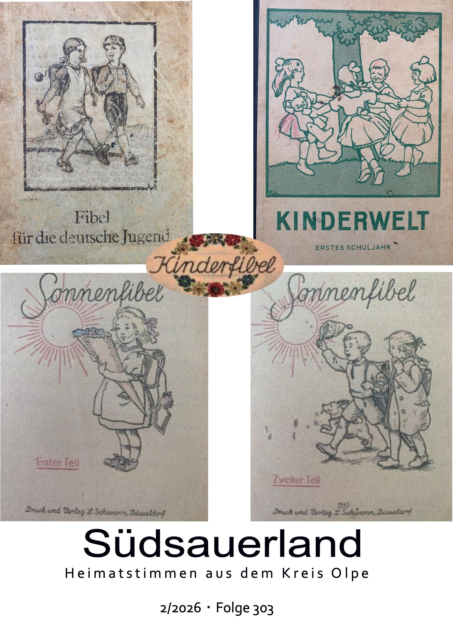 Die „Fibel für die deutsche Jugend“ (oben links) war ein weit verbreitetes nationalsozialistisches Schulbuch mit systematischer NS-Propaganda. „Kinderwelt“ und „Sonnenfibel“ waren neu erarbeitete Schulbücher, die nach dem Zweiten Weltkrieg in den Westzonen eingesetzt wurden. von Repros: Christoph Henrichs