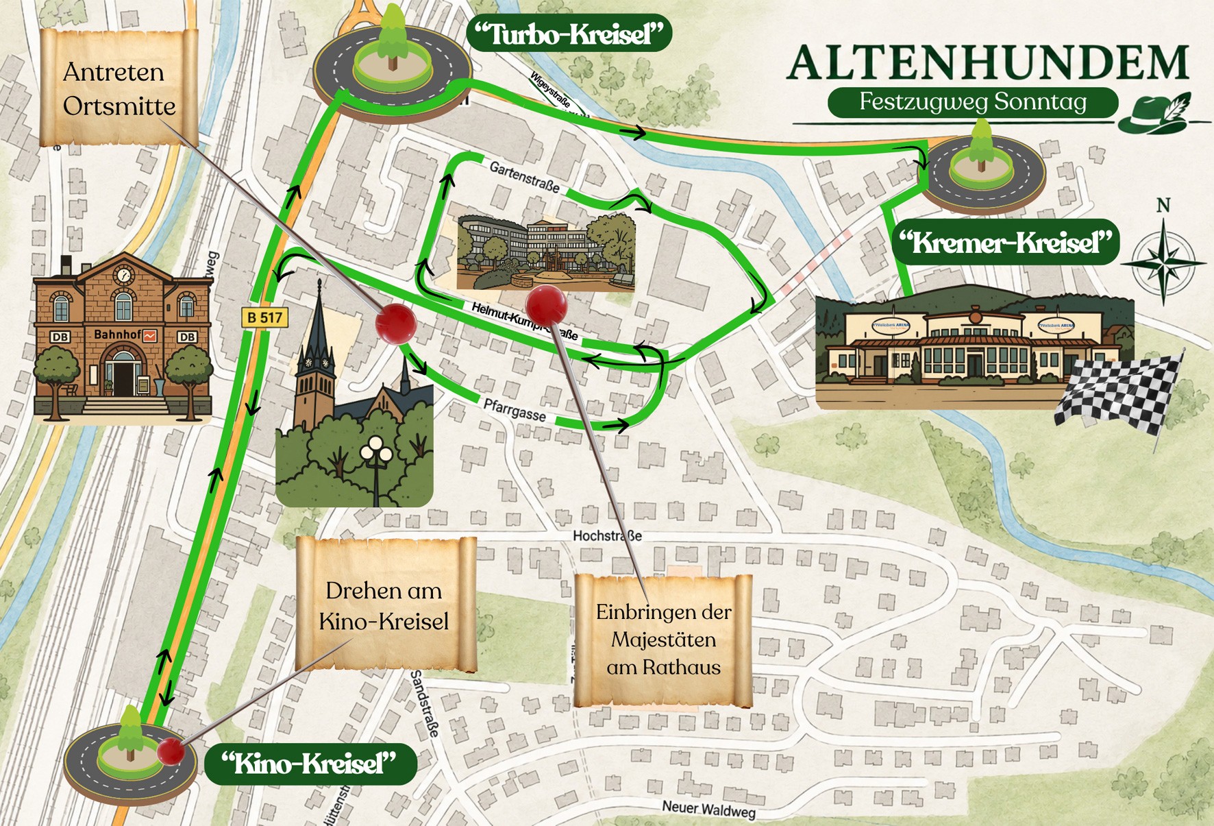 Die Grafik zeigt, wie der große Festzug am Sonntag, 12. Juli, durch Altenhundem zieht. von Schützenverein Altenhundem