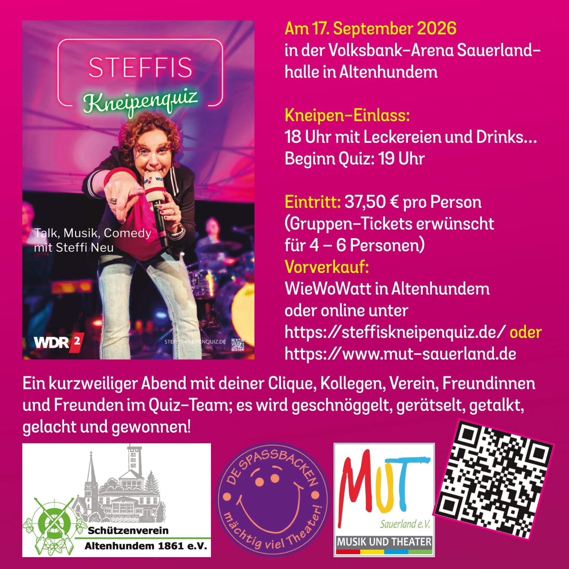Bierdeckel, Stift und Spaß – mehr wird nicht gebraucht bei „Steffis Kneipenquiz“. Schon im fünften Jahr ist die beliebte WDR2-Moderatorin Steffi Neu mit ihrem Showkonzept mit Band, Comedian und einem Sack voll Fragen im Land unterwegs. von privat